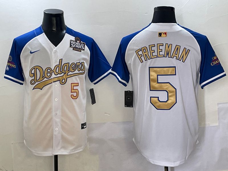 Men Los Angeles Dodgers #5 Freeman White Blue Gold Game 2025 Nike MLB Jersey style 3